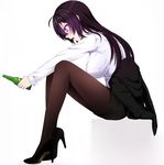 :o ahoge beifeng_han black_footwear black_hair black_jacket black_skirt blush bottle breasts brown_legwear from_side full_body glowing glowing_eyes grey_background high_heels holding holding_bottle jacket jacket_removed large_breasts long_hair long_sleeves miyaura_sanshio off_shoulder office_lady open_mouth original outstretched_arms pantyhose pencil_skirt profile purple_eyes revision shirt shoes simple_background sitting skirt sleeves_folded_up solo very_long_hair white_background white_shirt 