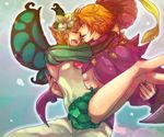  1girl 9wa blonde_hair braid butterfly_wings closed_eyes couple fairy flower hair_flower hair_ornament hat hat_feather hetero hug ingway_(odin_sphere) long_hair looking_at_another mercedes odin_sphere pointy_ears smile twin_braids wings 