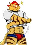  2016 abs anthro baseball_cap bearlovestiger13 biceps big_muscles blush bulge cat chance_furlong clothing feline hat male mammal muscular muscular_male shirt solo stripes swat_kats underwear 