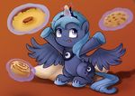  2016 absurd_res blue_eyes blue_feathers blue_fur blue_hair bronyraimu cookie crown cutie_mark doughnut equine feathered_wings feathers female feral food friendship_is_magic fur hair hi_res horn jewelry magic mammal my_little_pony necklace pillow princess_luna_(mlp) simple_background solo spread_wings tongue tongue_out winged_unicorn wings young 