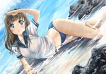  :o ahoge arched_back bangs bare_legs barefoot bikini bikini_bottom blue_bikini blue_eyes blush brown_hair collarbone dutch_angle full_body long_hair looking_at_viewer lying midriff no_pants ocean on_side original partially_submerged revision rock salute school_uniform serafuku shore short_sleeves solo sparkle swept_bangs swimsuit tareme water yamagami_mozuku 