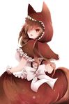  alternate_costume animal_ears arano_oki back breasts brown_hair cosplay dress grimm's_fairy_tales hair_over_one_eye highres hood imaizumi_kagerou large_breasts little_red_riding_hood little_red_riding_hood_(grimm) little_red_riding_hood_(grimm)_(cosplay) long_hair looking_at_viewer looking_back open_mouth red_eyes solo tail touhou transparent_background tsurime wolf_ears wolf_tail wrist_cuffs 
