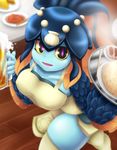  apron bangs beer_mug blue_skin blunt_bangs breasts bugge_man collarbone fish_girl hair_ornament highres medium_breasts minette_(skullgirls) monster_girl pink_eyes scales shell skullgirls soft_focus solo thick_thighs thighhighs thighs waitress yellow_sclera 