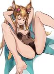  animal_ears arms_behind_head bangs barefoot blonde_hair breasts brown_eyes cat_ears cleavage covered_navel erune feet granblue_fantasy grin hair_lift hair_ornament highres leotard lips long_hair looking_away looking_to_the_side metera_(granblue_fantasy) mole mole_under_mouth navel partially_visible_vulva sekisei simple_background small_breasts smile solo spread_legs toenails toes twintails white_background 