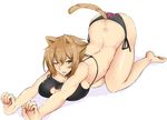  animal_ears arched_back ass bangs bell black_bra black_panties bra breast_press breasts brown_hair butt_crack cat_cutout cat_ears cat_lingerie cat_tail choker cleavage cleavage_cutout dimples_of_venus erimiko error green_eyes hair_between_eyes jingle_bell kantai_collection kemonomimi_mode large_breasts meme_attire mutsu_(kantai_collection) one_eye_closed open_mouth outstretched_arms panties paw_pose paw_print short_hair side-tie_panties simple_background solo stretch tail top-down_bottom-up underwear white_background wrong_feet 
