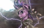  2014 abstract_background clothing crossover equine eye_patch eyewear female feral friendship_is_magic frown fur hair headband hi_res horn lightning mammal metal_gear mrs1989 multicolored_hair my_little_pony purple_eyes purple_fur scar solo torn_clothing twilight_sparkle_(mlp) unicorn video_games 