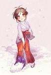  antenna_hair bad_id bad_pixiv_id blush breath brown_eyes brown_hair cleaning doumyouji_karin full_body hakama idolmaster idolmaster_cinderella_girls japanese_clothes kimono looking_at_viewer open_mouth red_hakama sasasasa shovel shoveling snow snow_shovel solo standing tabi wide_sleeves winter 