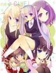  blonde_hair blue_eyes brown_hair copyright_name flower formal hair_flower hair_ornament hanimitsu iijima_yun long_hair looking_at_viewer multiple_girls new_game! open_mouth purple_eyes purple_hair school_uniform shinoda_hajime short_hair suit suzukaze_aoba takimoto_hifumi tooyama_rin twintails two_side_up white_legwear yagami_kou 