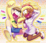  1girl blonde_hair bow copyright_name dark_skin ganguro hair_bow heart heart_in_mouth highres hood hoodie juushiko_(osomatsu-san) looking_at_viewer matsu_symbol matsuno_juushimatsu osomatsu-kun osomatsu-san platform_footwear show_chiku-by sleeves_past_wrists slippers smile yellow_eyes 