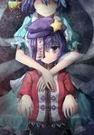  arms_around_neck bags_under_eyes bangs beret blouse blue_hair expressionless floral_print foreshortening fuente hair_between_eyes hair_ornament hair_stick hat highres jitome kaku_seiga looking_at_viewer miyako_yoshika multiple_girls no_eyes ofuda outstretched_arms puffy_short_sleeves puffy_sleeves purple_eyes purple_hair revision shaded_face shawl short_hair short_sleeves smirk solo_focus star touhou upper_body zombie_pose 