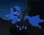  2011 armor black_feathers black_fur blue_eyes blue_hair cutie_mark equine feathered_wings feathers female friendship_is_magic fur hair helmet hi_res horn landscape mammal mindlesshead my_little_pony night nightmare_moon_(mlp) outside sky solo spread_wings winged_unicorn wings 