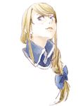  1girl agrias_oaks blonde_hair blue_eyes blush bow braid face final_fantasy final_fantasy_tactics hair_bow long_hair nose parted_lips portrait sidelocks simple_background single_braid sketch solo white_background wing_collar 