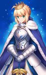  ahoge armor artoria_pendragon_(all) blonde_hair blue_cape breastplate cape crown dress fate/stay_night fate_(series) fur-trimmed_cape fur_trim green_eyes highres planted_sword planted_weapon saber smile solo sword weapon yuki_(clydtc) 