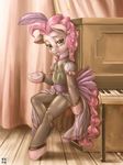  2014 blue_eyes clothing curtains equine feathers female feral friendship_is_magic fur hair hi_res horse inside looking_at_viewer mammal mrs1989 musical_instrument my_little_pony piano pink_fur pink_hair pinkie_pie_(mlp) pony solo 