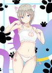  anastasia_(idolmaster) animal_ears bell blue_eyes bra breasts cat_cutout cat_ear_panties cat_ears cat_lingerie cleavage_cutout gohei_(aoi_yuugure) highres idolmaster idolmaster_cinderella_girls jingle_bell looking_at_viewer medium_breasts meme_attire navel panties short_hair side-tie_panties silver_hair solo underwear underwear_only 