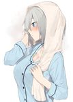  blue_eyes blush breasts cleavage_cutout commentary_request grey_hair hamakaze_(kantai_collection) hayashi_kewi kantai_collection large_breasts long_sleeves shirt solo towel towel_on_head upper_body 