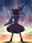  amino_(tn7135) back_turned backlighting bad_id bad_pixiv_id brown_hair detached_sleeves dusk hair_ribbon hakurei_reimu hand_on_hip japanese_clothes midriff miko pointing pointing_up ribbon solo touhou wide_sleeves 