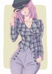  collarbone cowboy_shot green_eyes hand_in_pocket hat hat_over_one_eye hat_tip hot_pants_(sbr) jacket jojo_no_kimyou_na_bouken jumpsamurai pink_hair plaid plaid_jacket solo steel_ball_run 