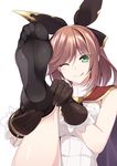  ;p bare_shoulders black_bow black_gloves black_legwear blush bow cape clarisse_(granblue_fantasy) dressing eyebrows eyebrows_visible_through_hair feet gloves granblue_fantasy green_eyes hair_bow head_tilt highres kneepits leg_up looking_at_viewer naturalton no_shoes one_eye_closed orange_hair red_cape short_hair sleeveless soles solo sweater_vest thighhighs thighs toes tongue tongue_out tsurime turtleneck v-shaped_eyebrows 