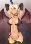  armpits arms_behind_head arms_up ass_visible_through_thighs bangs bare_shoulders bat_wings black_gloves black_legwear blazblue blush breasts breasts_apart bullet_(blazblue) center_opening choker cleavage closed_mouth collarbone cowboy_shot demon_horns demon_tail elbow_gloves embarrassed facial_scar gloves gradient gradient_background grey_background groin halterneck highleg highleg_leotard highres hips holding holding_weapon horns large_breasts leotard looking_at_viewer navel nose_scar parted_bangs polearm raised_eyebrows revealing_clothes revision scar shaito short_hair solo standing stomach tail thigh_gap thighhighs trident wavy_mouth weapon white_hair wings yellow_eyes 