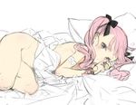  bed_sheet blush grey_eyes looking_at_viewer lying nude on_side ooyari_ashito original pillow pink_hair smile solo twintails 