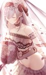  atha_(leejuiping) blurry bouquet bridal_veil closed_eyes depth_of_field dress elbow_gloves flower gloves groin hairband hip_bones hips kantai_collection long_hair lowleg_skirt revision shoukaku_(kantai_collection) silver_hair solo veil wedding_dress 
