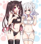  :d :| animal_ears ass_visible_through_thighs bare_shoulders bell black_bra black_panties blue_eyes blush bra brown_hair cat_ear_panties cat_ears cat_lingerie choker cleavage_cutout closed_mouth collarbone jingle_bell long_hair looking_at_viewer meme_attire multiple_girls nanase_eka navel open_mouth original panties paw_pose pink_eyes round_teeth side-tie_panties silver_hair simple_background smile standing stomach tareme teeth thigh_gap thighhighs twintails twintails_day underwear very_long_hair white_background white_bra white_panties 