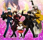  5boys \m/ ^_^ aqua_hair armor bishoujo_senshi_sailor_moon black_hair blue_hair boots brown_hair closed_eyes crescent_moon doudanuki_masakuni high_heel_boots high_heels honchu ichigo_hitofuri japanese_armor japanese_clothes kashuu_kiyomitsu kneehighs kogitsunemaru little_girl_saniwa_(touken_ranbu) mikazuki_munechika military military_uniform moon multiple_boys necktie parody ponytail pose red_eyes saniko_(honchu) saniwa_(touken_ranbu) scarf shoulder_armor smile sode star touken_ranbu tsuki_ni_kawatte_oshioki_yo uniform white_hair white_legwear yellow_eyes 