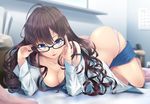  bespectacled blue_eyes breasts brown_hair cleavage glasses highres ichinose_shiki idolmaster idolmaster_cinderella_girls large_breasts long_hair looking_at_viewer nishinomiya_suzu panties smile solo underwear 