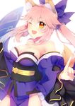  ;d ameshizuku_natsuki animal_ears bare_shoulders bow breasts cleavage detached_sleeves fate/extra fate_(series) fox_ears fox_shadow_puppet fox_tail hair_bow japanese_clothes kimono medium_breasts obi one_eye_closed open_mouth pink_hair sash smile solo tail tamamo_(fate)_(all) tamamo_no_mae_(fate) twintails yellow_eyes 