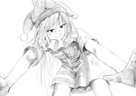  american_flag_dress clownpiece commentary_request frilled_shirt_collar frills from_below greyscale hat highres jester_cap long_hair looking_at_viewer monochrome neck_ruff short_sleeves simple_background smug solo touhou very_long_hair white_background zekutoba 