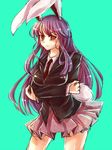  animal_ears blazer breasts bunny_ears bunny_tail crossed_arms green_background jacket large_breasts long_hair long_sleeves looking_at_viewer namuko necktie pleated_skirt purple_hair red_eyes reisen_udongein_inaba shirt skirt solo tail touhou very_long_hair 