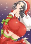 ass bag black_hair dan_(orange_train) dress earrings elbow_gloves from_behind gloves green_eyes hat holly holly_earrings idolmaster idolmaster_cinderella_girls jewelry looking_at_viewer red_gloves ribbon santa_costume santa_hat smile snow snowing solo souma_natsumi strapless strapless_dress thighhighs 