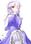  bad_id bad_pixiv_id blue_eyes breasts crossed_legs hair_between_eyes hair_in_mouth hand_on_own_chest hand_on_own_knee highres large_breasts lavender_hair letty_whiterock long_sleeves looking_at_viewer one_eye_closed pants parted_lips puffy_long_sleeves puffy_sleeves shiro_oolong-cha shirt short_hair sitting solo touhou white_pants white_shirt yuki_onna 