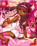  apron artist_request barefoot bell braid brown_eyes brown_hair character_request dark_skin fork front-tie_bikini front-tie_top game_cg hairband hat heart holding horns long_hair multiple_girls official_art open_mouth pillow pink_skin pointy_ears polka_dot polka_dot_swimsuit ribbon sengoku_bushouki_muramasa solo_focus swimsuit tail tattoo white_swimsuit witch_hat 