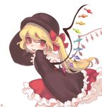  alternate_costume alternate_headwear blush bowler_hat crystal fang flandre_scarlet hair_ribbon hat long_hair long_sleeves looking_to_the_side open_mouth red_eyes ribbon shan shirt side_ponytail signature simple_background skirt smile solo touhou white_background wide_sleeves wings 