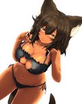  animal_ears ass_visible_through_thighs bangs black_bra black_hair black_panties blush bra breasts cat_ears cat_lingerie cat_tail cleavage cleavage_cutout collarbone dark_skin dutch_angle highres large_breasts long_hair looking_at_viewer meme_attire navel nekomusume_(pekoneko) original panties pekoneko side-tie_panties simple_background solo standing sweatdrop tail underwear white_background yellow_eyes 