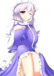 bad_id bad_pixiv_id blue_eyes breasts crossed_legs hair_between_eyes hair_in_mouth hand_on_own_chest hand_on_own_knee highres large_breasts lavender_hair letty_whiterock long_sleeves looking_at_viewer one_eye_closed parted_lips puffy_long_sleeves puffy_sleeves shiro_oolong-cha shirt short_hair sitting solo thighs touhou white_shirt yuki_onna 