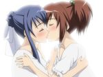  aoi_nagisa blue_hair blush closed_eyes couple frilled_sleeves frills hair_bobbles hair_bun hair_ornament hair_ribbon high_ponytail kiss multiple_girls ponytail profile red_hair ribbon sanshita short_sleeves sidelocks strawberry_panic! suzumi_tamao upper_body white_background white_ribbon yuri 