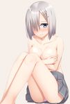  blue_eyes blush breasts covering covering_breasts crossed_arms hair_ornament hair_over_one_eye hairclip hamakaze_(kantai_collection) highres kantai_collection large_breasts mikazuchi_zeus short_hair silver_hair solo topless 