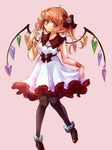  alternate_costume black_legwear blonde_hair bow bracelet closed_mouth dress flandre_scarlet hair_bow jewelry looking_at_viewer namuko pantyhose red_eyes side_ponytail sleeveless sleeveless_dress solo touhou white_dress wings 