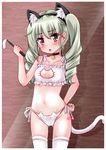  anchovy animal_ears bell bell_choker blush bra cat_cutout cat_ear_panties cat_ears cat_lingerie cat_tail choker cleavage_cutout cowboy_shot drill_hair fake_animal_ears fake_tail girls_und_panzer green_hair hand_on_hip holding jingle_bell long_hair looking_at_viewer meme_attire navel omochi_(chirori01) panties red_eyes riding_crop side-tie_panties solo standing tail thighhighs twin_drills twintails underwear white_bra white_legwear white_panties 