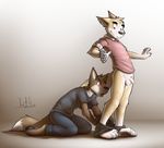  anthro assisted_exposure balls canine clothed clothing dingo duo flaccid iztli male mammal pants_down pantsing partially_clothed penis 