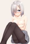  blue_eyes blush breasts covering covering_breasts crossed_arms hair_ornament hair_over_one_eye hairclip hamakaze_(kantai_collection) highres kantai_collection large_breasts mikazuchi_zeus pantyhose short_hair silver_hair solo topless 