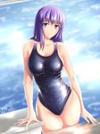  2016 alternate_costume artist_name bangs blue_swimsuit breasts collarbone cowboy_shot dated dripping fate/stay_night fate_(series) large_breasts long_hair looking_at_viewer matou_sakura one-piece_swimsuit parted_lips pool purple_eyes purple_hair rna_(angel-smelter) sideboob signature solo starting_block swimsuit water wet wet_clothes wet_hair 