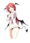  bat_wings black_bra blush bra breasts cropped_legs demon_tail from_below head_wings highres koakuma large_breasts long_hair long_sleeves looking_at_viewer looking_down necktie no_pants open_clothes open_mouth open_shirt panties pointy_ears red_eyes red_hair shirt simple_background solo sweatdrop tail tetsurou_(fe+) touhou underwear wavy_mouth white_background wings 