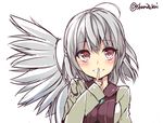  dress finger_to_mouth jacket kishin_sagume red_eyes shamuichi short_hair shushing silver_hair single_wing solo touhou wings 