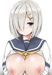  blue_eyes blush breasts gloves hair_ornament hair_over_one_eye hairclip hamakaze_(kantai_collection) highres kantai_collection large_breasts looking_at_viewer mitsukazu_(nijigen_complex) nipples school_uniform serafuku shirt_lift short_hair silver_hair solo sweat white_gloves 