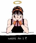  black_hair chin_rest english frown hairband halo jojo_no_kimyou_na_bouken lowres male_focus narancia_ghirga purple_eyes rena_(renasight) solo upper_body wristband 