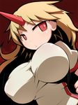  blonde_hair breasts covered_nipples hakika horn hoshiguma_yuugi huge_breasts impossible_clothes long_hair puffy_nipples red_background red_eyes solo touhou upper_body 